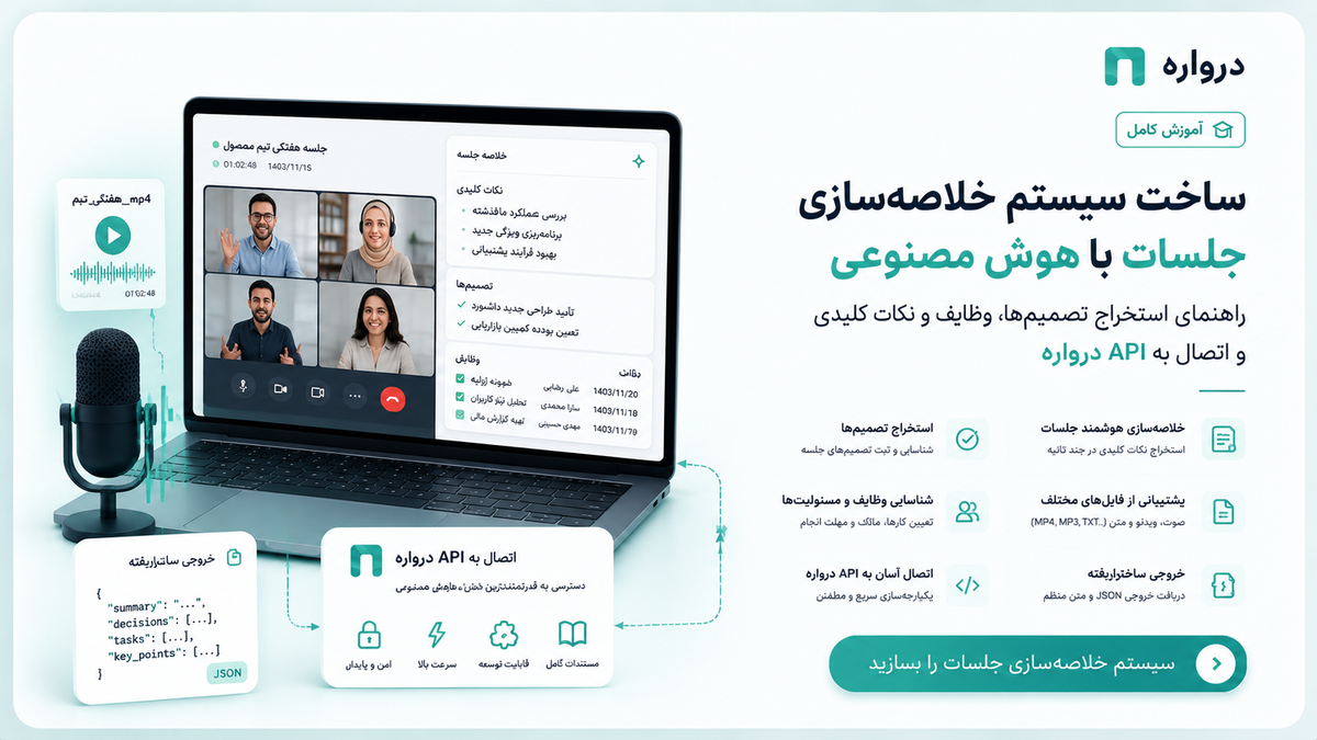 ساخت سیستم خلاصه‌سازی جلسات با هوش مصنوعی؛ راهنمای استخراج تصمیم‌ها، وظایف و اتصال به API درواره