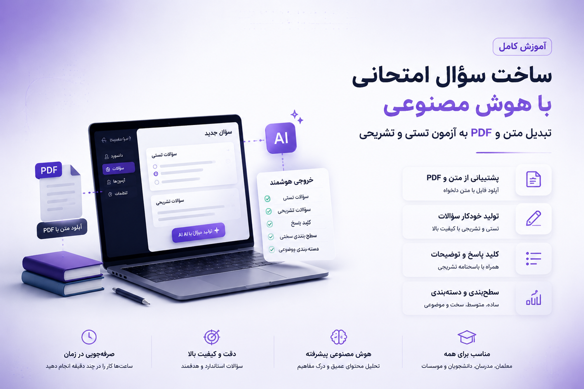 طراحی سؤال امتحانی با هوش مصنوعی؛ تبدیل متن و PDF به آزمون تستی و تشریحی