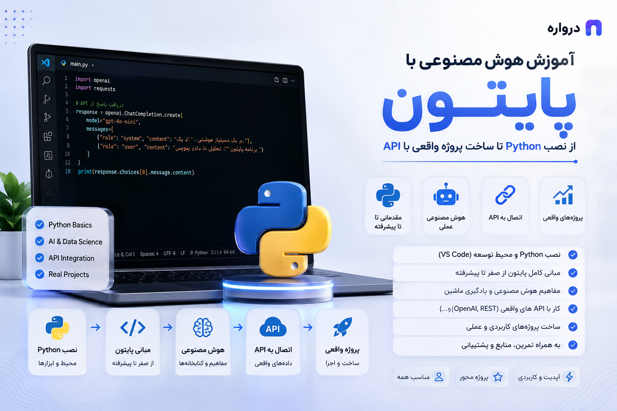 آموزش هوش مصنوعی با پایتون؛ از نصب Python تا ساخت پروژه واقعی با API